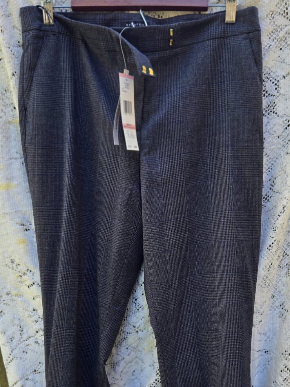 NEW gray/black small checked slacks with subtle blue line. Size 10. Straight.
